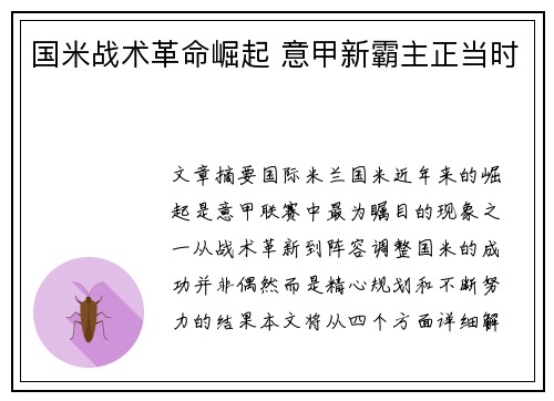 国米战术革命崛起 意甲新霸主正当时